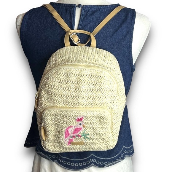 Vera Bradley Straw Mini Convertible Backpack Light Natural Straw Tan Pink Green - Picture 1 of 13